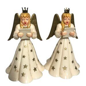 Vintage Angel Figurines Gold Star Pattern & Crowned Heads Set Of 2  Choir Angels